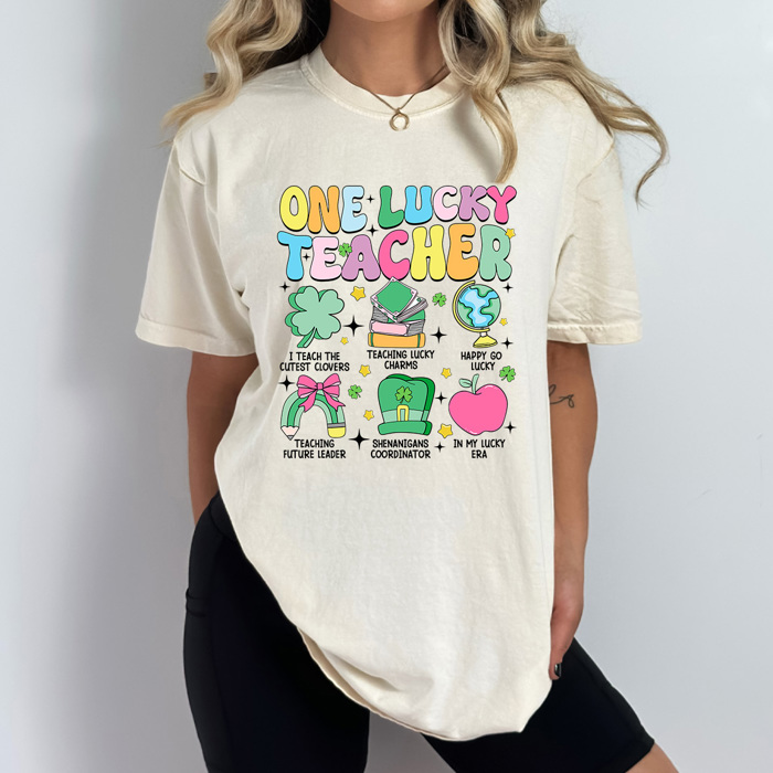 One Lucky Teacher Shamrock Comfort Colors Tee, Teaching Lucky Charms Shirt, St. Patrick's Day Graphic Tee
