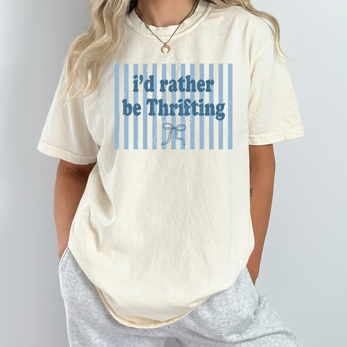 I'd Rather Be Thrifting Graphic Tee, Thrift Shopping Shirt, Trendy Striped Comfort Colors Tee