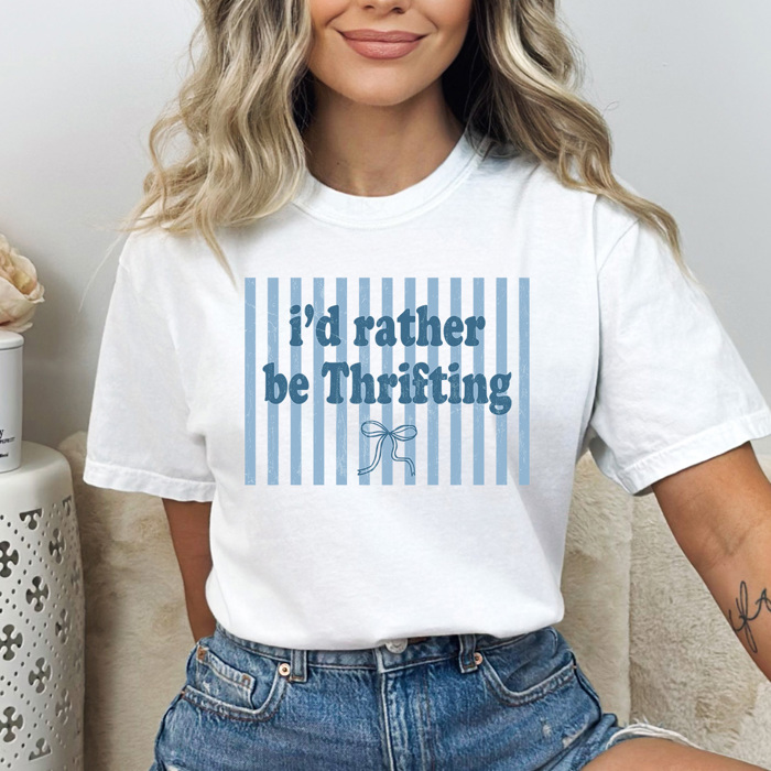 I'd Rather Be Thrifting Graphic Tee, Thrift Shopping Shirt, Trendy Striped Comfort Colors Tee