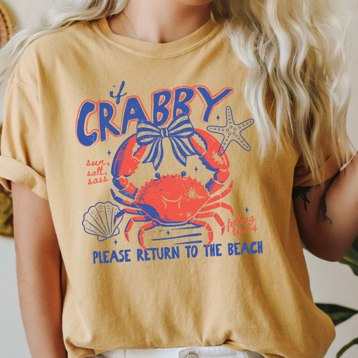 If Crabby Please Return To The Beach Graphic Tee, Coquette Crab Beach Shirt, Sun Salt Sass Comfort Colors Tee