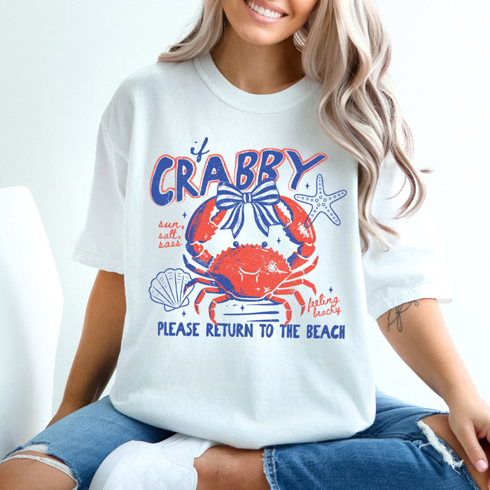 If Crabby Please Return To The Beach Graphic Tee, Coquette Crab Beach Shirt, Sun Salt Sass Comfort Colors Tee