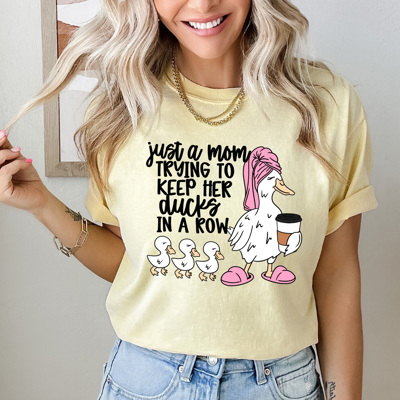 Just A Mom Trying To Keep Her Ducks In A Row Graphic Tee, Funny Duck Mother Shirt, Tired Mama Comfort Colors Tee 