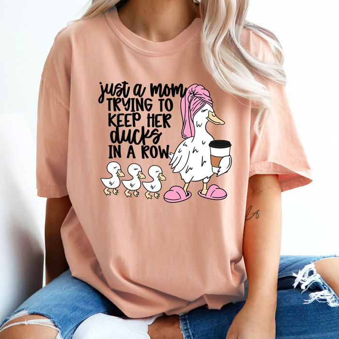 Just A Mom Trying To Keep Her Ducks In A Row Graphic Tee, Funny Duck Mother Shirt, Tired Mama Comfort Colors Tee 