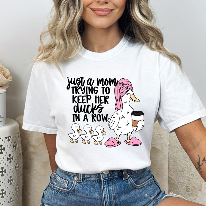 Just A Mom Trying To Keep Her Ducks In A Row Graphic Tee, Funny Duck Mother Shirt, Tired Mama Comfort Colors Tee 