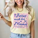 Large Butter Jesus Made Her A Mama Graphic Tee, Coquette Mother Shirt, Pink Stripes Gospel Comfort Colors Tee