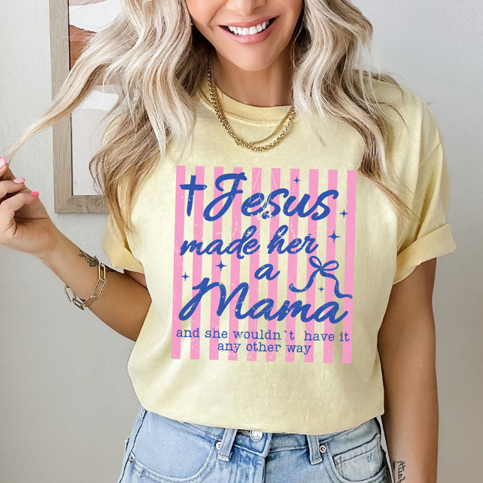 Jesus Made Her A Mama Graphic Tee, Coquette Mother Shirt, Pink Stripes Gospel Comfort Colors Tee