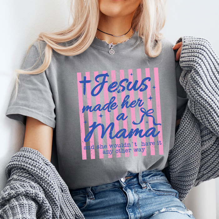 Jesus Made Her A Mama Graphic Tee, Coquette Mother Shirt, Pink Stripes Gospel Comfort Colors Tee