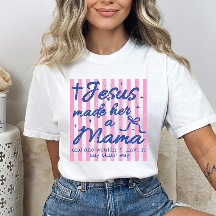 Jesus Made Her A Mama Graphic Tee, Coquette Mother Shirt, Pink Stripes Gospel Comfort Colors Tee