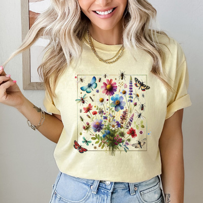 Flower Garden Graphic Tee, Butterfly Floral Shirt, Spring Time Wildflower Comfort Colors Tee 