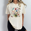 Small Ivory Flower Garden Graphic Tee, Butterfly Floral Shirt, Spring Time Wildflower Comfort Colors Tee 