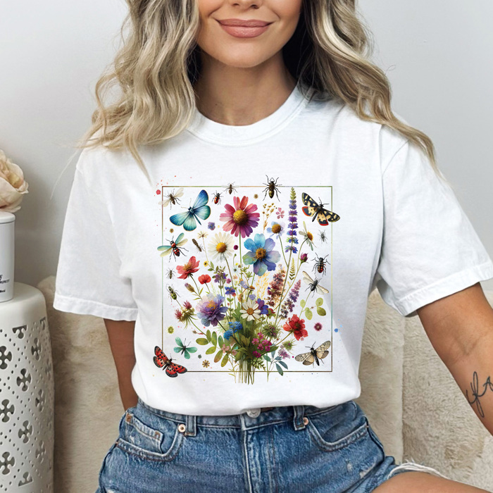 Flower Garden Graphic Tee, Butterfly Floral Shirt, Spring Time Wildflower Comfort Colors Tee 