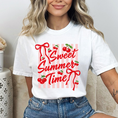 Sweet Summer Time Graphic Tee, Cherries And Bows Shirt, Pink Striped Summer Comfort Colors Tee
