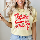 XL Butter Sweet Summer Time Graphic Tee, Cherries And Bows Shirt, Pink Striped Summer Comfort Colors Tee