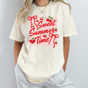 XL Ivory Sweet Summer Time Graphic Tee, Cherries And Bows Shirt, Pink Striped Summer Comfort Colors Tee