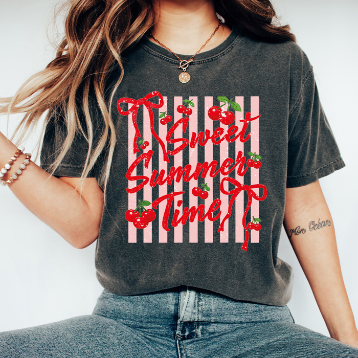 Sweet Summer Time Graphic Tee, Cherries And Bows Shirt, Pink Striped Summer Comfort Colors Tee