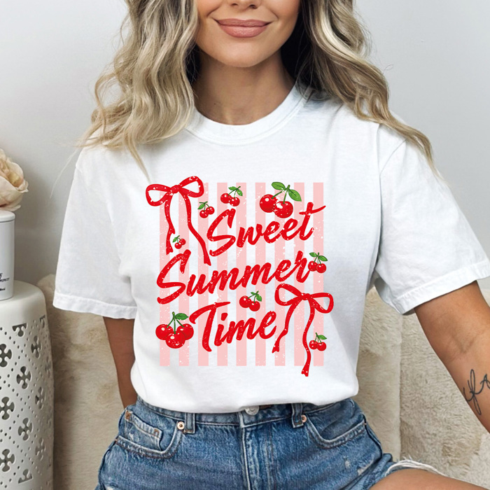 Sweet Summer Time Graphic Tee, Cherries And Bows Shirt, Pink Striped Summer Comfort Colors Tee