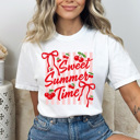 Small White Sweet Summer Time Graphic Tee, Cherries And Bows Shirt, Pink Striped Summer Comfort Colors Tee