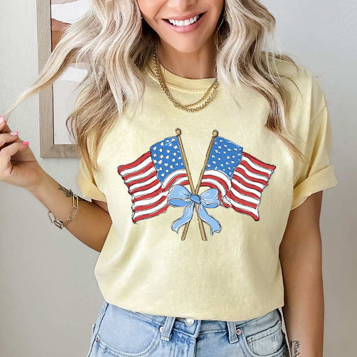 Coquette Waving Flags Graphic Tee, Bow American Flags Shirt, Partiotic 4th Of July Comfort Colors Tee