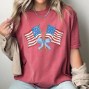 Large Crimson Coquette Waving Flags Graphic Tee, Bow American Flags Shirt, Partiotic 4th Of July Comfort Colors Tee