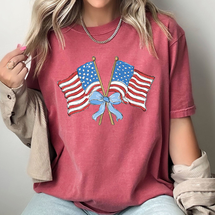 Coquette Waving Flags Graphic Tee, Bow American Flags Shirt, Partiotic 4th Of July Comfort Colors Tee