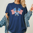 XL Navy Coquette Waving Flags Graphic Tee, Bow American Flags Shirt, Partiotic 4th Of July Comfort Colors Tee