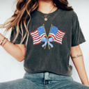 Medium Pepper Coquette Waving Flags Graphic Tee, Bow American Flags Shirt, Partiotic 4th Of July Comfort Colors Tee