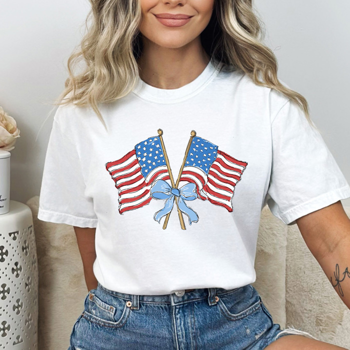 Coquette Waving Flags Graphic Tee, Bow American Flags Shirt, Partiotic 4th Of July Comfort Colors Tee