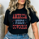 Medium Black America Needs Cowgirls Graphic Tee, Western Patriotic Shirt, American Cowgirl Comfort Colors 