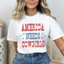 Large White America Needs Cowgirls Graphic Tee, Western Patriotic Shirt, American Cowgirl Comfort Colors 