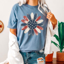  Red White & Blue Sunflower Graphic Tee, American Flag Floral Shirt, Patriotic Flower Comfort Colors Tee