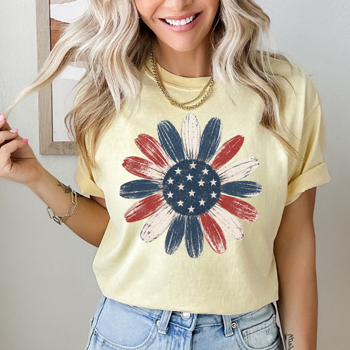 Red White & Blue Sunflower Graphic Tee, American Flag Floral Shirt, Patriotic Flower Comfort Colors Tee