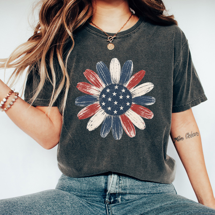 Red White & Blue Sunflower Graphic Tee, American Flag Floral Shirt, Patriotic Flower Comfort Colors Tee