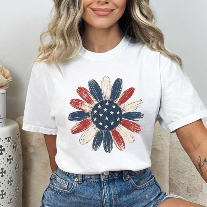 Red White & Blue Sunflower Graphic Tee, American Flag Floral Shirt, Patriotic Flower Comfort Colors Tee