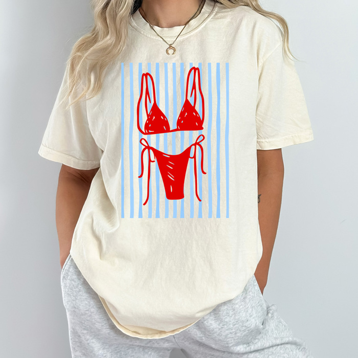 Red Bikini Beach Graphic Tee, Coastal Striped Shirt, Swimming Summer Vacation Comfort Colors Tee