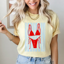 Small Butter Red Bikini Beach Graphic Tee, Coastal Striped Shirt, Swimming Summer Vacation Comfort Colors Tee