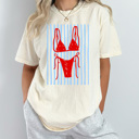 XL Ivory Red Bikini Beach Graphic Tee, Coastal Striped Shirt, Swimming Summer Vacation Comfort Colors Tee