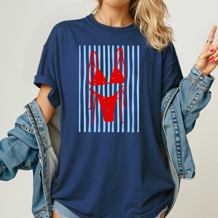 Red Bikini Beach Graphic Tee, Coastal Striped Shirt, Swimming Summer Vacation Comfort Colors Tee