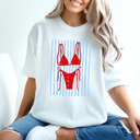 Medium White Red Bikini Beach Graphic Tee, Coastal Striped Shirt, Swimming Summer Vacation Comfort Colors Tee