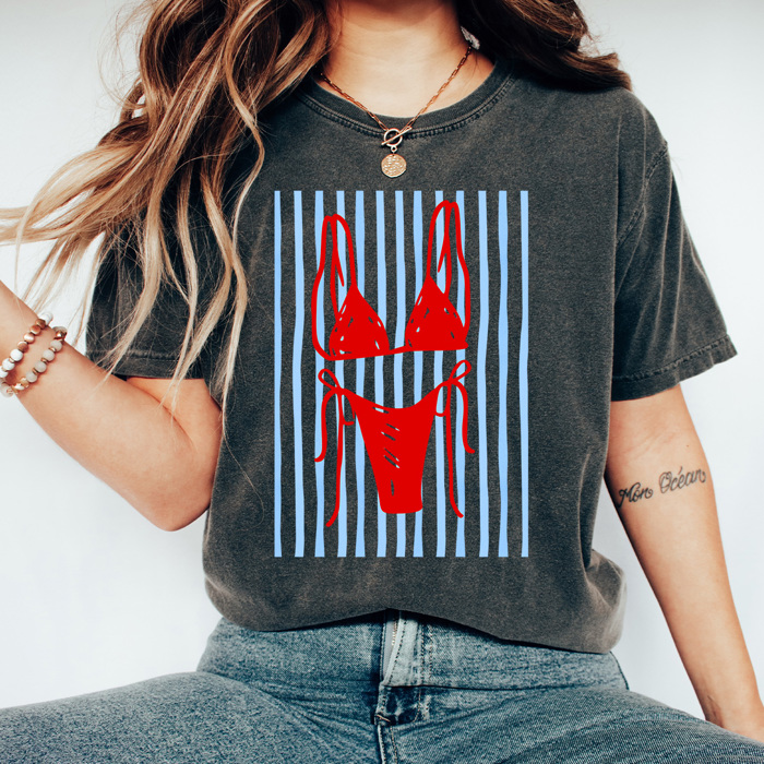 Red Bikini Beach Graphic Tee, Coastal Striped Shirt, Swimming Summer Vacation Comfort Colors Tee