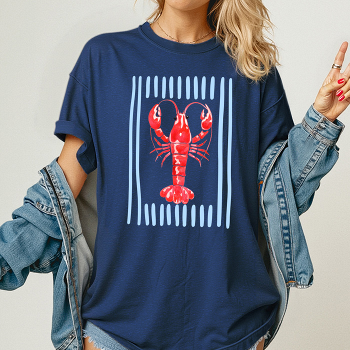Coastal Red Lobster Graphic Tee, Beach Summer Shirt, Striped Ocean Comfort Colors Tee