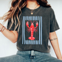 Large Pepper Coastal Red Lobster Graphic Tee, Beach Summer Shirt, Striped Ocean Comfort Colors Tee