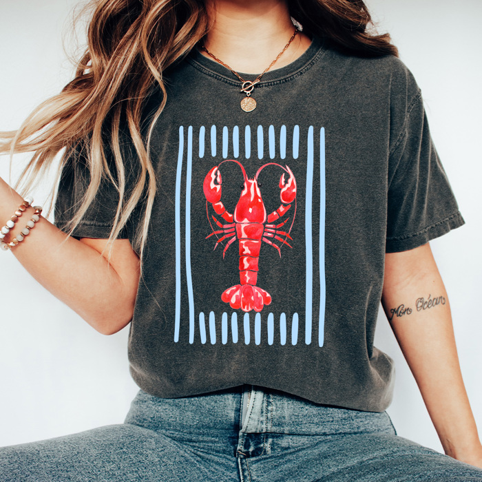 Coastal Red Lobster Graphic Tee, Beach Summer Shirt, Striped Ocean Comfort Colors Tee