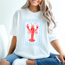 Medium White Coastal Red Lobster Graphic Tee, Beach Summer Shirt, Striped Ocean Comfort Colors Tee