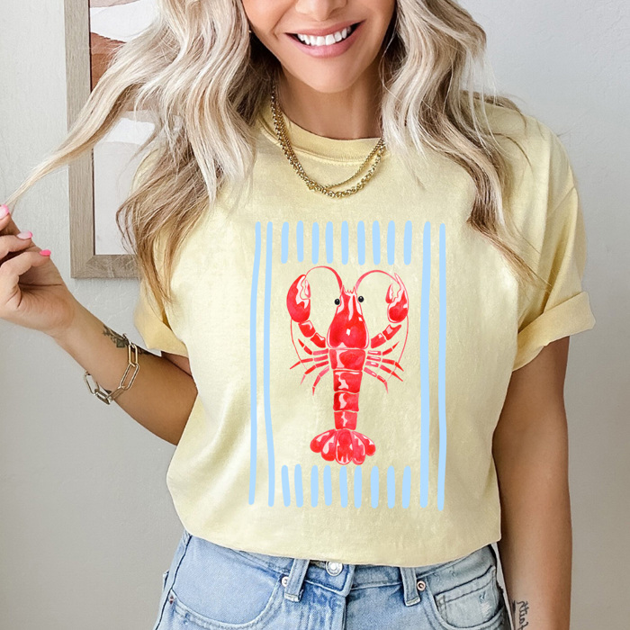 Coastal Red Lobster Graphic Tee, Beach Summer Shirt, Striped Ocean Comfort Colors Tee