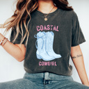 Medium Pepper Coastal Cowgirl Boots Graphic Tee, Summer Beach Cowgirl Shirt, Western Coastal Comfort Colors Tee