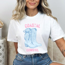 Medium White Coastal Cowgirl Boots Graphic Tee, Summer Beach Cowgirl Shirt, Western Coastal Comfort Colors Tee