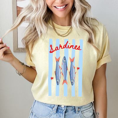 Sea Side Sardines Graphic Tee, Coastal Blue Stripes Shirt, summer Beach Fish Comfort Colors Tee