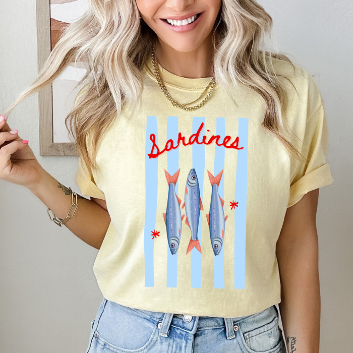 Sea Side Sardines Graphic Tee, Coastal Blue Stripes Shirt, summer Beach Fish Comfort Colors Tee