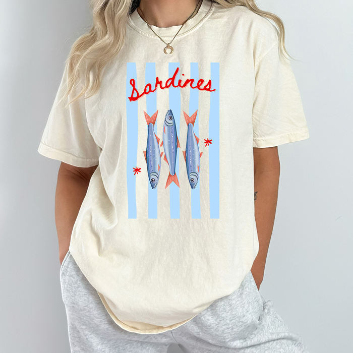 Sea Side Sardines Graphic Tee, Coastal Blue Stripes Shirt, summer Beach Fish Comfort Colors Tee