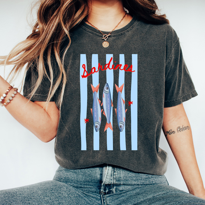 Sea Side Sardines Graphic Tee, Coastal Blue Stripes Shirt, summer Beach Fish Comfort Colors Tee